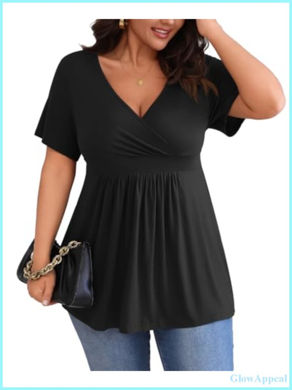 POSESHE Women's Plus Size Tunic Top Short Sleeve V-Neck Flowy Casual Blouse